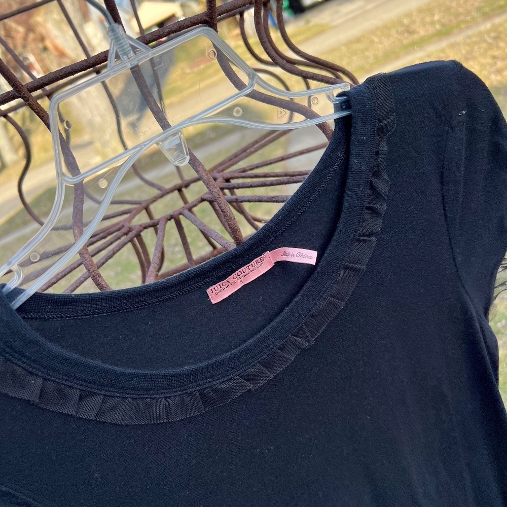 Feminine Juicy black ruffled T shirt size S, short sleeved black modal T shirt